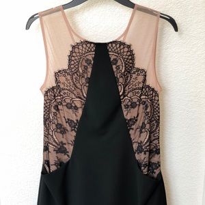 BCBG black lace and illusion neckline midi dress